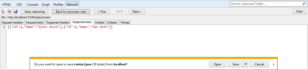 Web API からの JSON 出力の開発者ツール ウィンドウでの表示