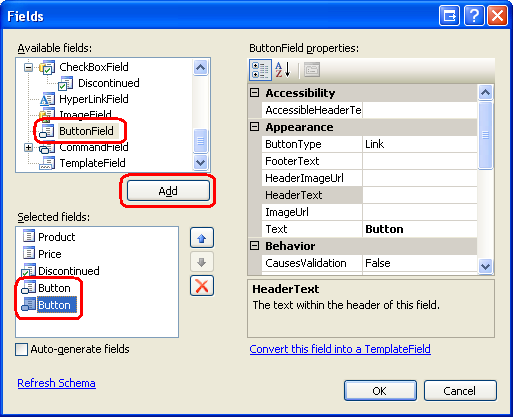 GridView に 2 つの ButtonField を追加する