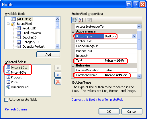 ButtonField の Text、CommandName、ButtonType の各プロパティを構成する