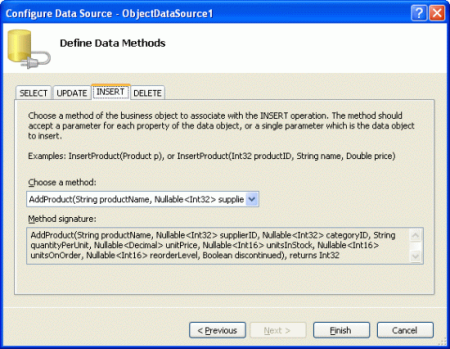 ObjectDataSource の Insert() メソッドを ProductBLL クラスの AddProduct メソッドにマップする