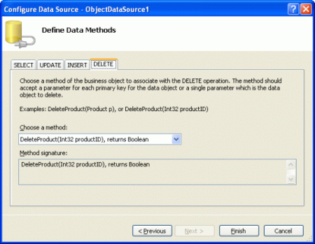 ObjectDataSource の Delete() メソッドを ProductBLL クラスの DeleteProduct メソッドにマップする