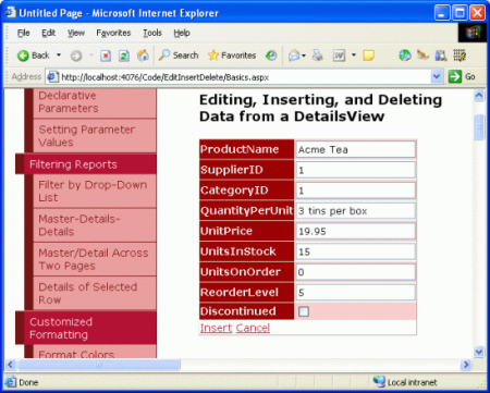 Web ブラウザーのBasics.aspx ページの DetailsView を示すスクリーンショット。