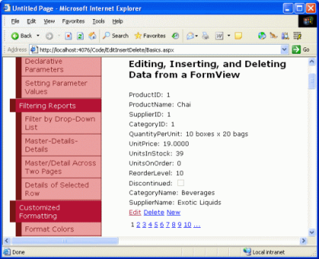 [Defaut FormView ItemTemplate] には、各製品フィールドが新規、編集、削除の各ボタンと共に一覧表示されます。