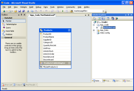 型指定された DataSet に Products DataTable と ProductsTableAdapter が追加されました