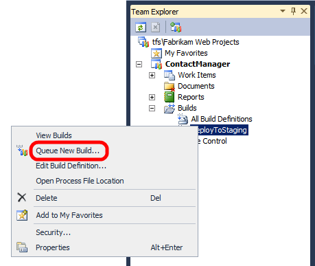 In the Team Explorer window, right-click the build definition, and then click Queue New Build.