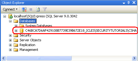 データベース フォルダーにSecurityTutorials.mdf データベースが表示