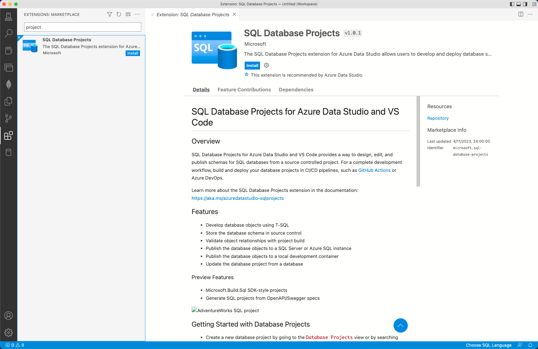 Azure Data Studio の拡張機能をインストールしているところのスクリーンショット。