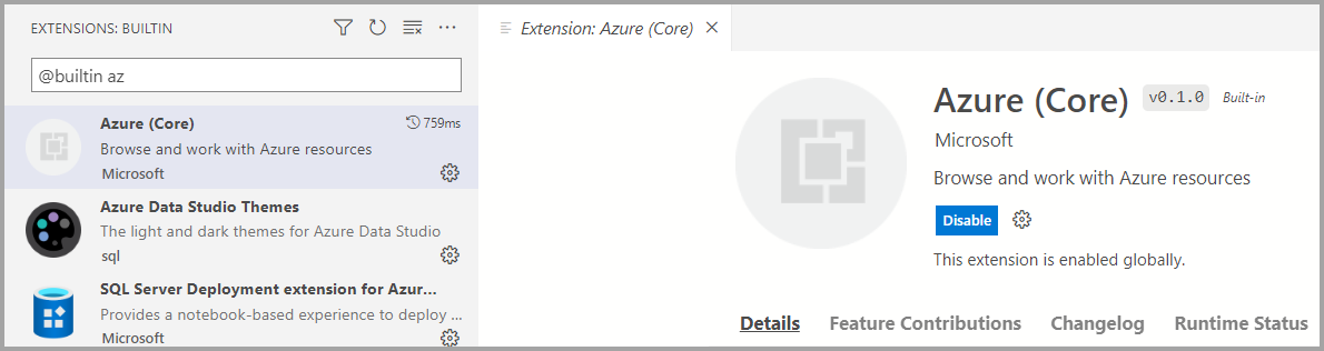 組み込みの Azure Core 拡張機能のスクリーンショット。