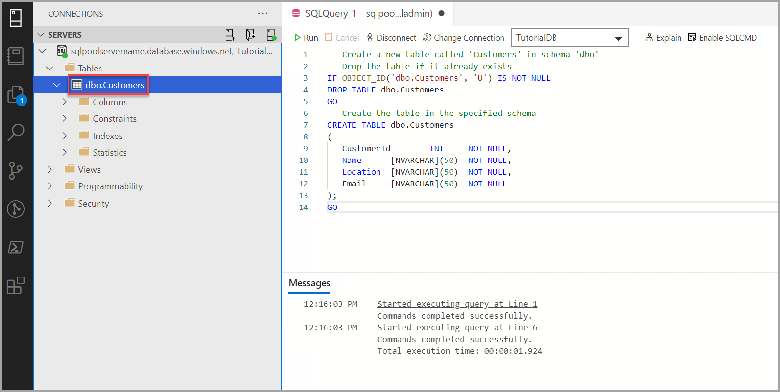 TutorialDB データベースにテーブルを作成する