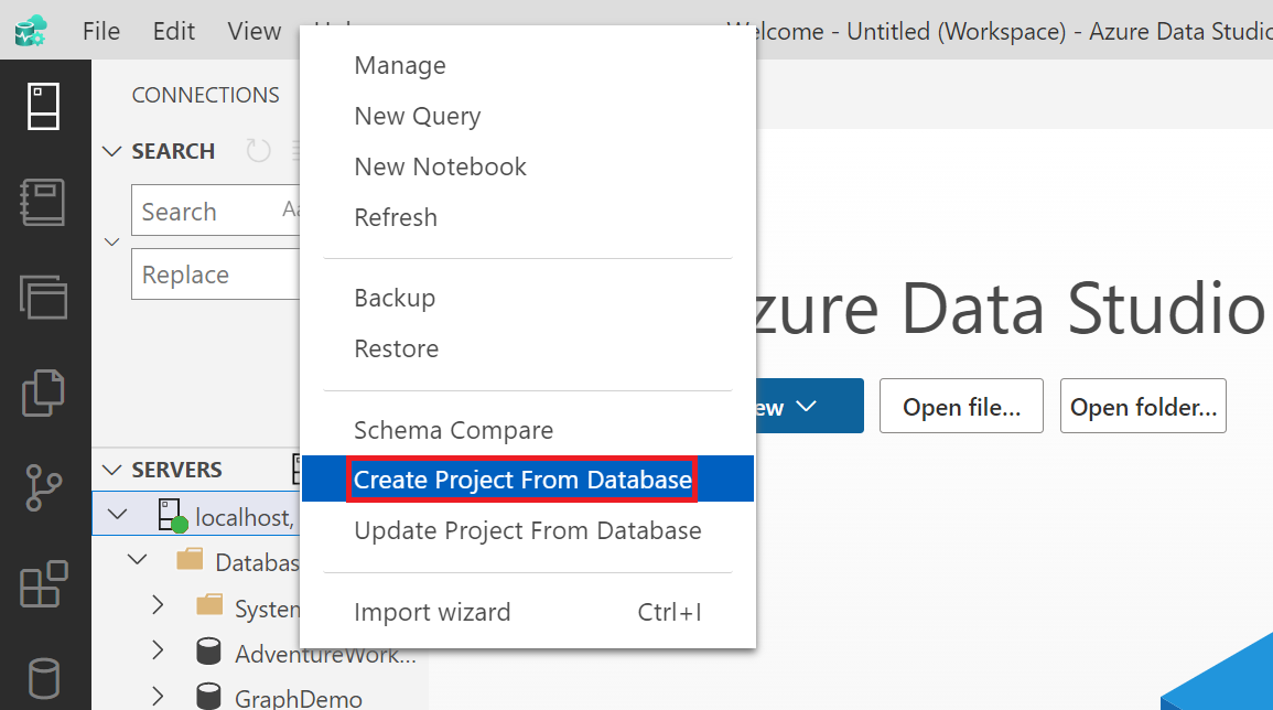 データベース オブジェクトからプロジェクトを作成する方法を示す Azure Data Studio のオブジェクト エクスプローラーのスクリーンショット。