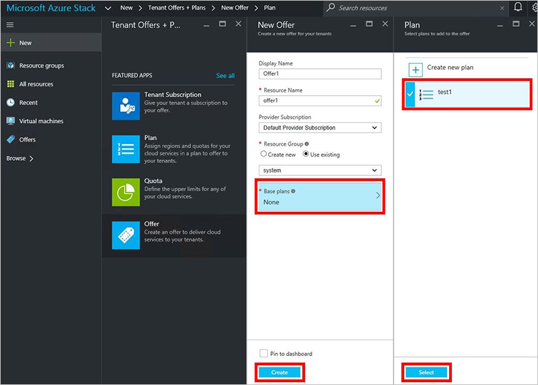 Azure Stack Hub オファーに含めるプランの選択方法を示すスクリーンショット。