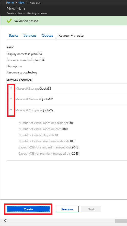 Azure Stack Hub のプランを作成する方法を示すスクリーンショット。