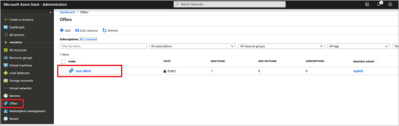 Azure Stack 管理者ポータルで、アドオン プランで更新するオファーを選択する方法を示すスクリーンショット。