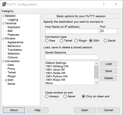 [PuTTY Configuration]\(PuTTY 構成\) ウィンドウ