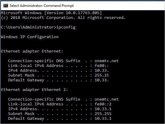 ipconfig コマンドの部分的な出力に、同じサブネット上の 2 つの Ethernet アダプターが示されている。IP アドレスは 10.33.131.15 と 10.33.131.16。