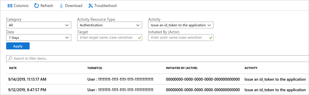 Azure portal での 2 つのアクティビティ イベントがあるフィルターの例