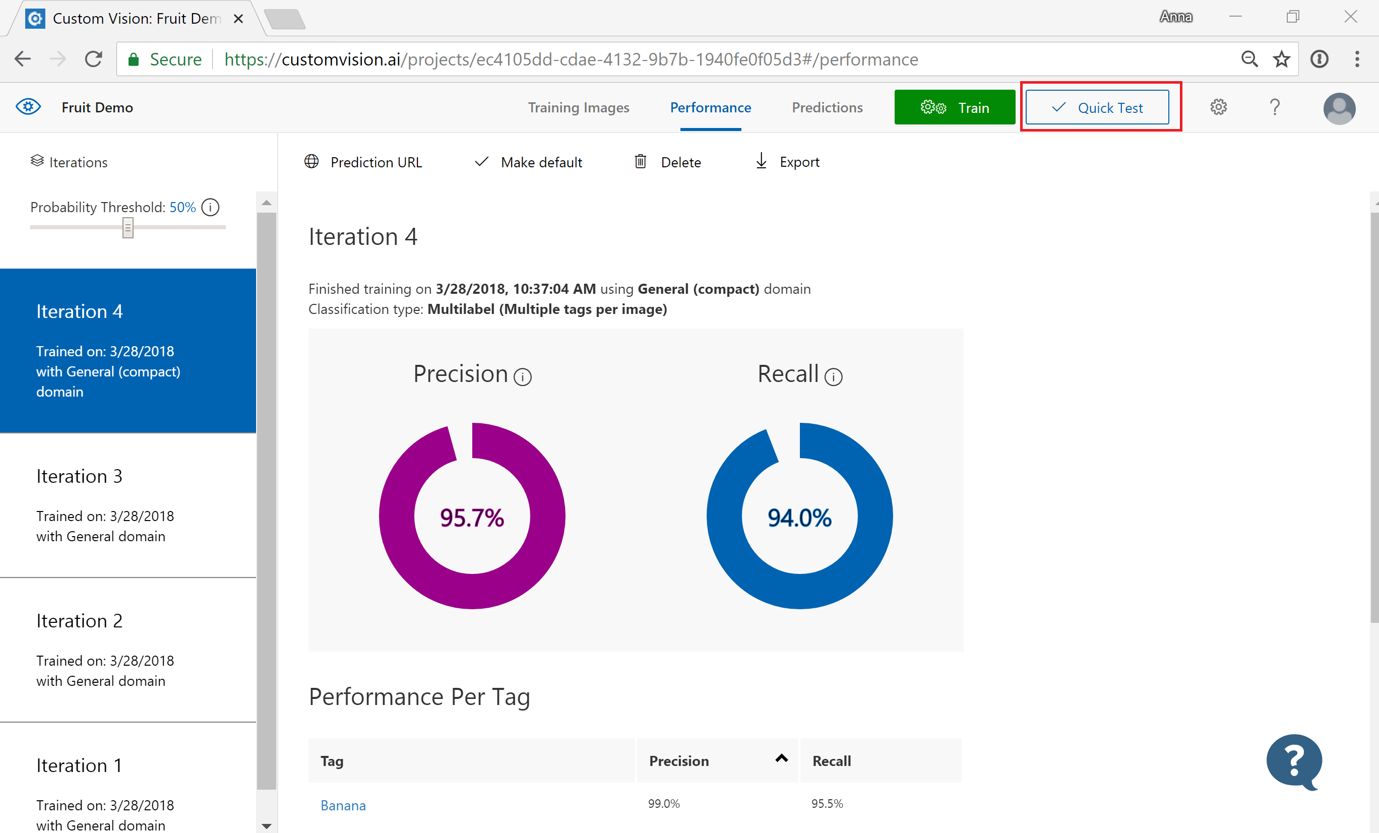 [Quick Test] (簡単なテスト) ボタンは、ウィンドウの右上隅に表示されます。