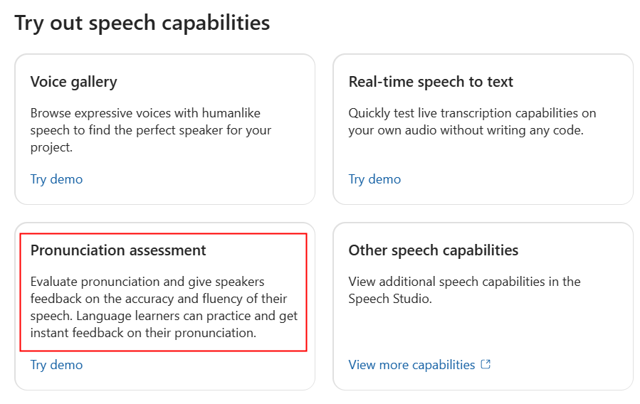 Azure AI Foundry で [発音評価] に移動する方法のスクリーンショット。