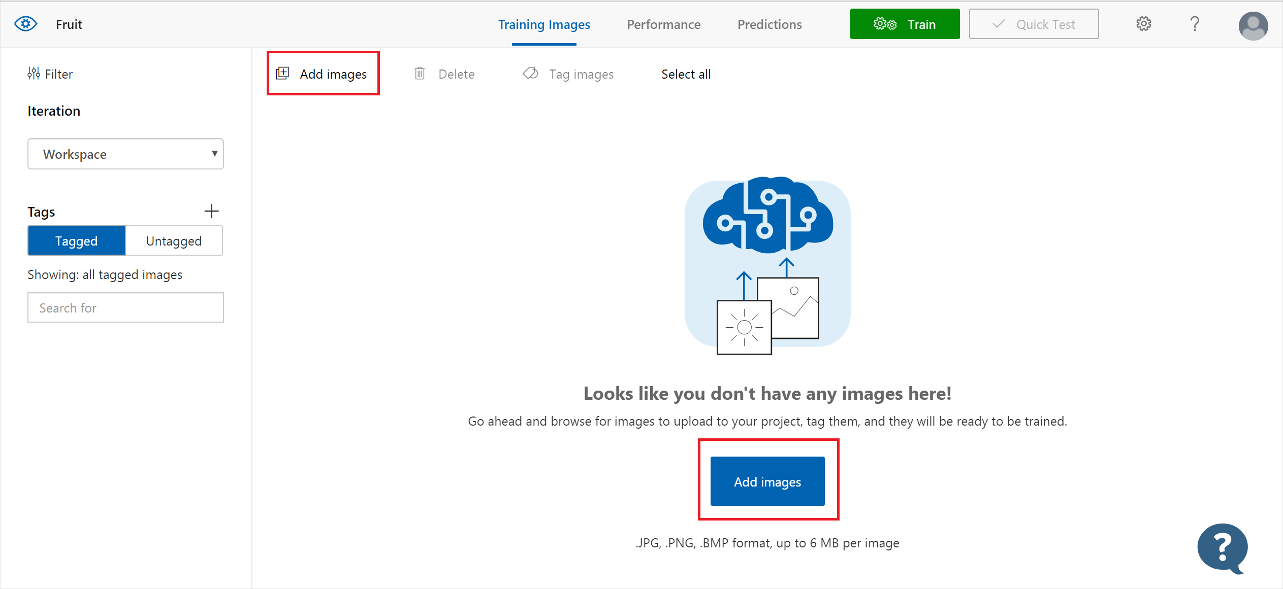 [Add Images]\(画像の追加) コントロールは左上に表示され、下部中央にもボタンとして表示されます。