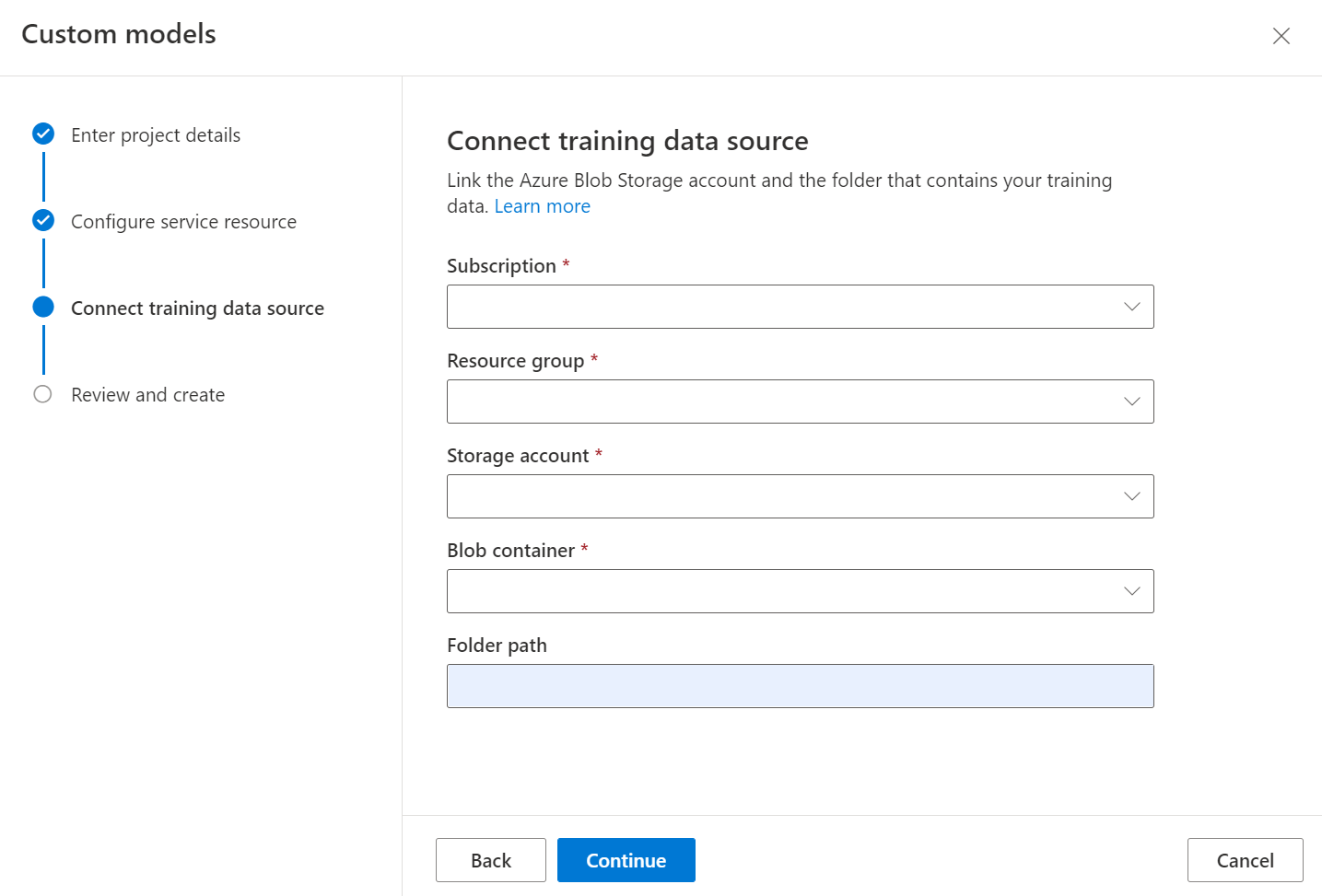 Document Intelligence リソースを選択する方法を示すスクリーンショット。