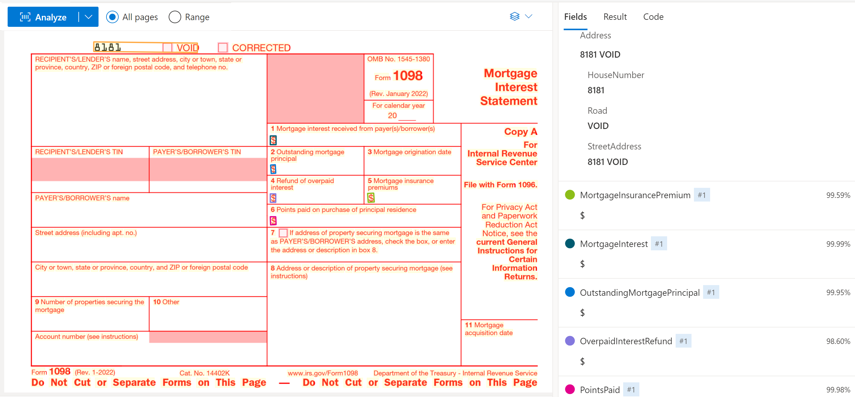 Document Intelligence Studio で分析した米国 1098 納税様式のスクリーンショット。