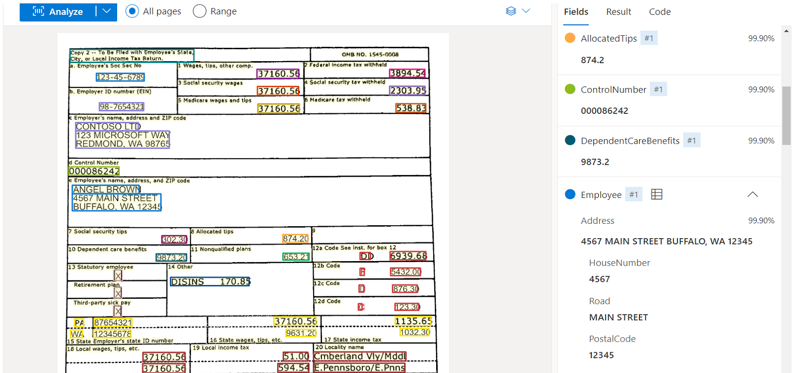 Document Intelligence Studio を使用した W-2 モデル分析のスクリーンショット。