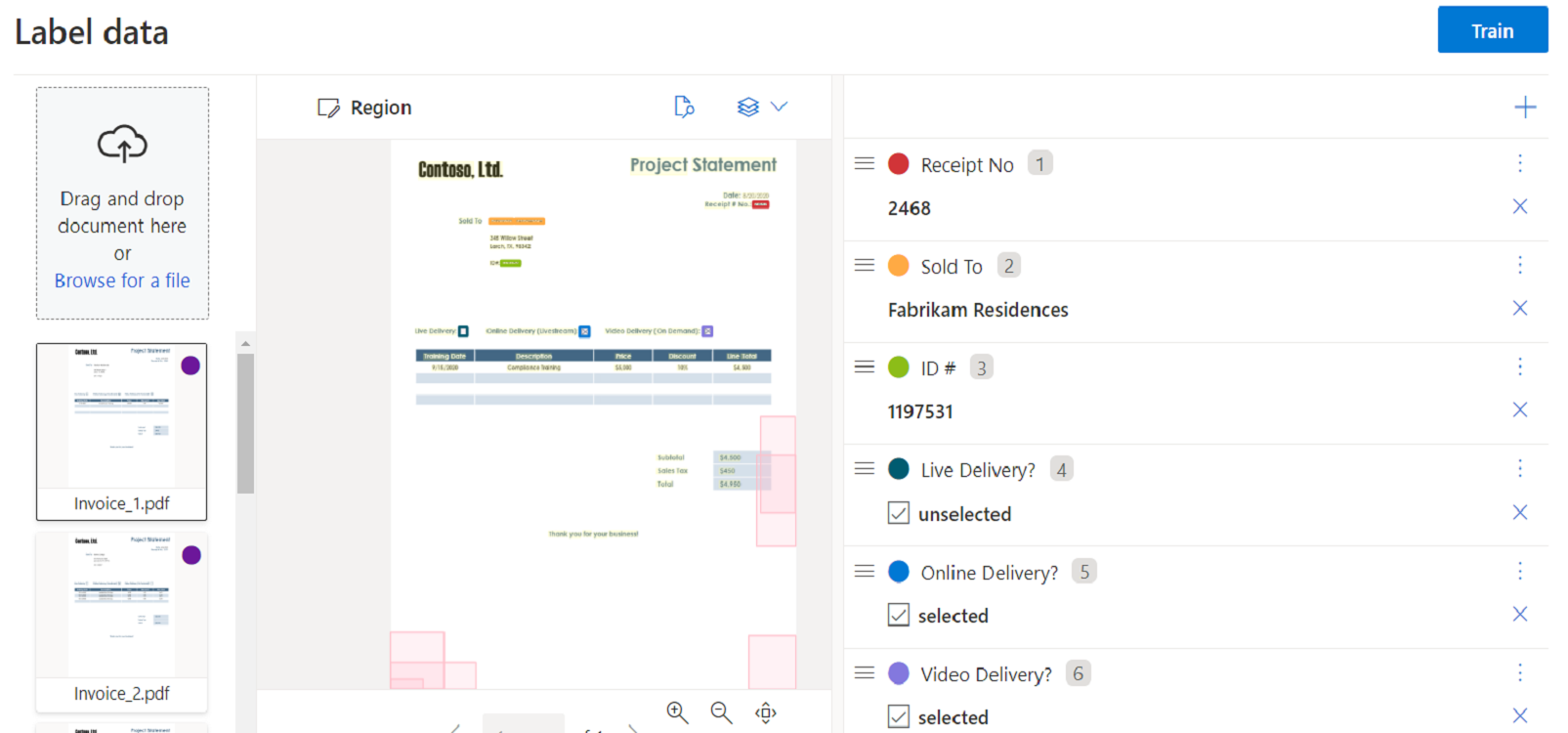 Document Intelligence Studio を使用したカスタム モデル トレーニングのスクリーンショット。