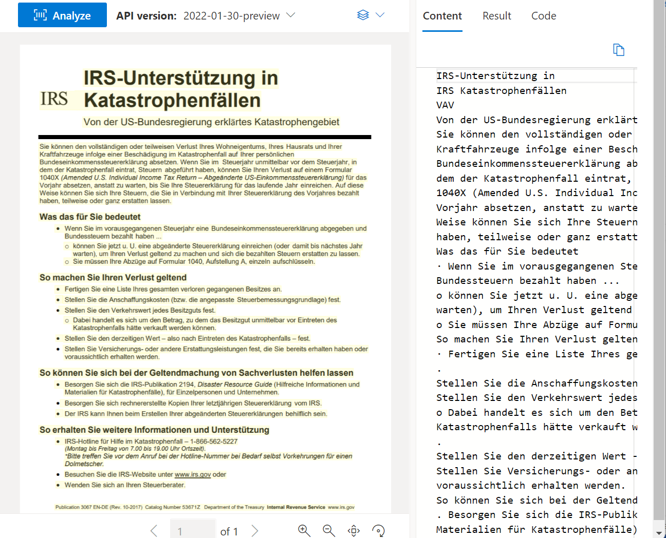 Document Intelligence Studio の Read を使用して処理されたサンプル ドキュメントのスクリーンショット