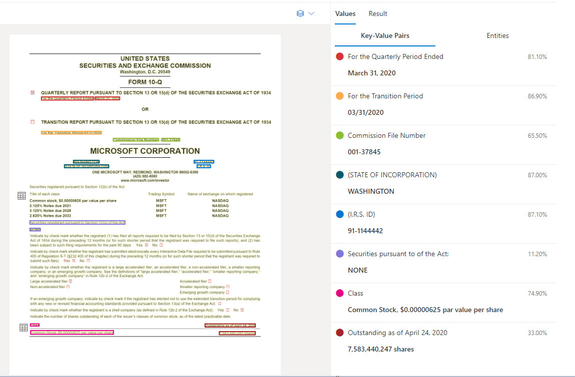 Document Intelligence Studio での一般ドキュメント分析のスクリーンショット。