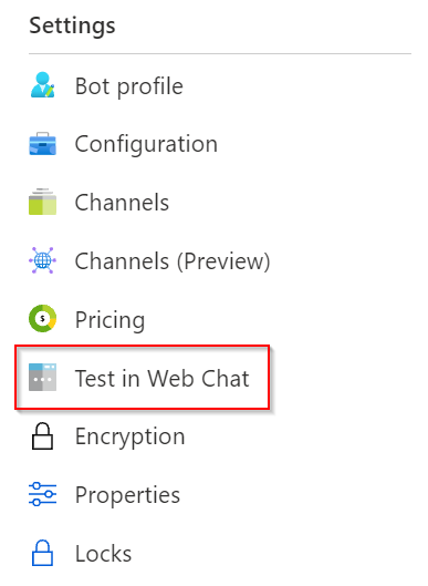 Azure AI Bot Service UI の [Web チャットのテスト] ボタンのスクリーンショット。