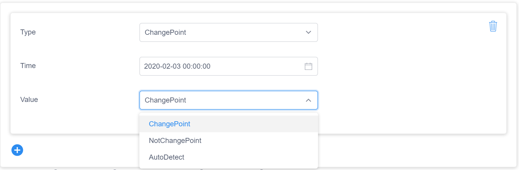 変化点メニューの、ChangePoint、NotChangePoint、AutoDetect のオプションが含まれるドロップダウン