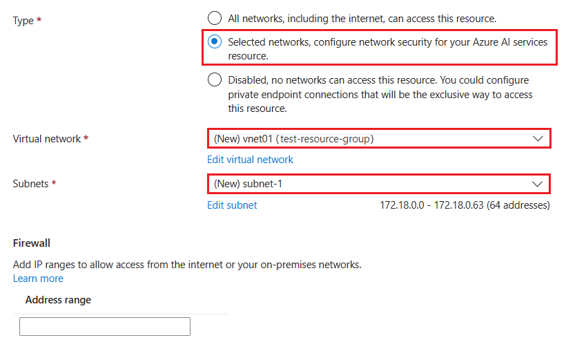 特定のネットワークのみを許可する Azure OpenAI リソースのネットワーク セキュリティを構成する方法を示すスクリーンショット。