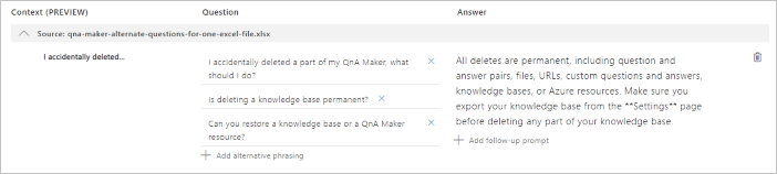 ナレッジ ベースにインポートされた、1 つの質問に対する代替質問のスクリーンショット
