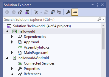 Visual Studio に表示された helloworld プロジェクトを示すスクリーンショット。