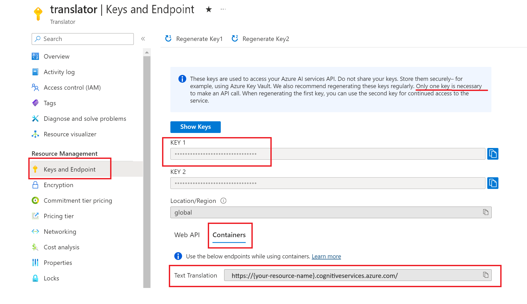 Azure portal の [キーとエンドポイント] ページのスクリーンショット。