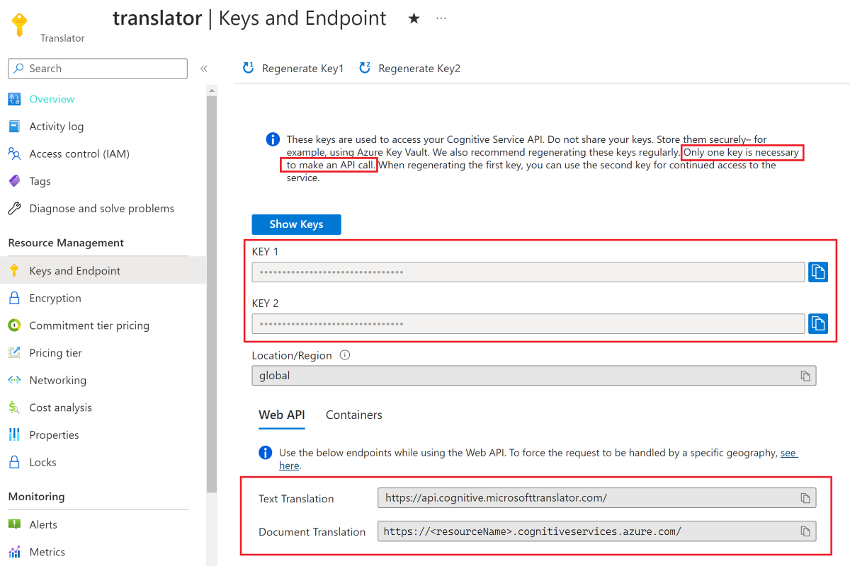 Azure portal のスクリーンショット。Translator リソースの [キーとエンドポイント] ページが示されています。キーとエンドポイントが強調表示されています。