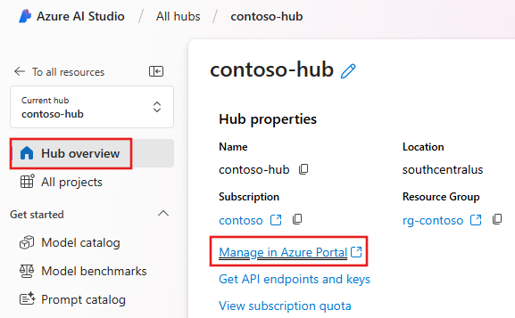 Azure AI Studio の [Azure portal での管理] のリンクのスクリーンショット。