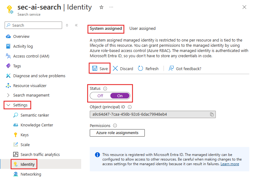 システムマネージド ID 構成を使用した AI 検索のスクリーンショット。