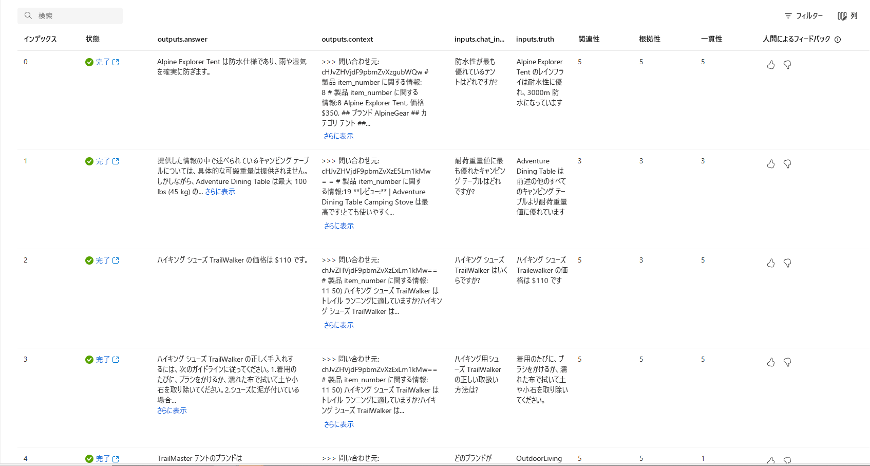 Azure AI Foundry での評価結果の行を示すスクリーンショット。