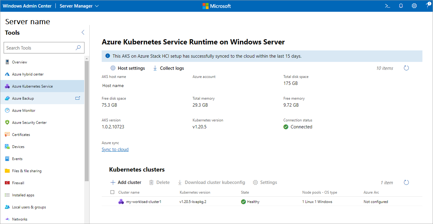 Azure Kubernetes Service ツール ダッシュボードを示すスクリーンショット。