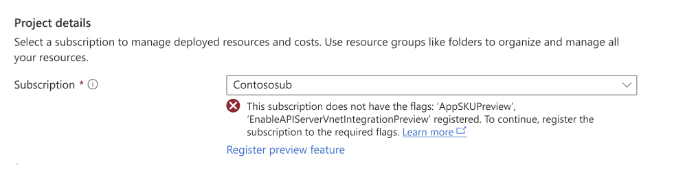 Azure portal で AKS Automatic クラスターを作成するときに、サブスクリプションにプレビュー フラグが登録されていない場合に表示されるエラーのスクリーンショット。
