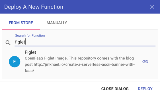 検索行に figlet というテキストが表示された [Deploy A New Function]\(新しい関数のデプロイ\) ダイアログ ボックスを示すスクリーンショット。