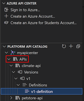 VS Code 拡張機能の API を含む API Center プラットフォーム API カタログのスクリーンショット。