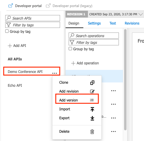 API コンテキスト メニュー - [バージョンの追加]