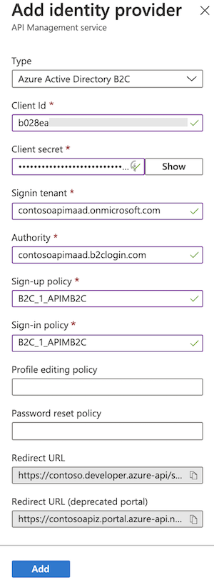 ポータルでの Active Directory B2C の ID プロバイダーの構成のスクリーンショット。