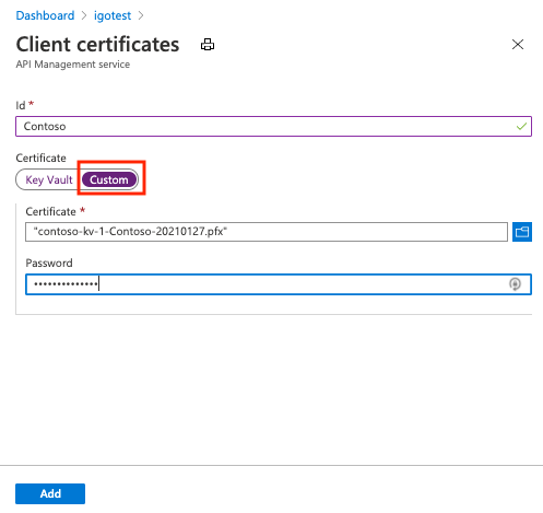 ポータルでクライアント証明書を API Management にアップロードするスクリーンショット。