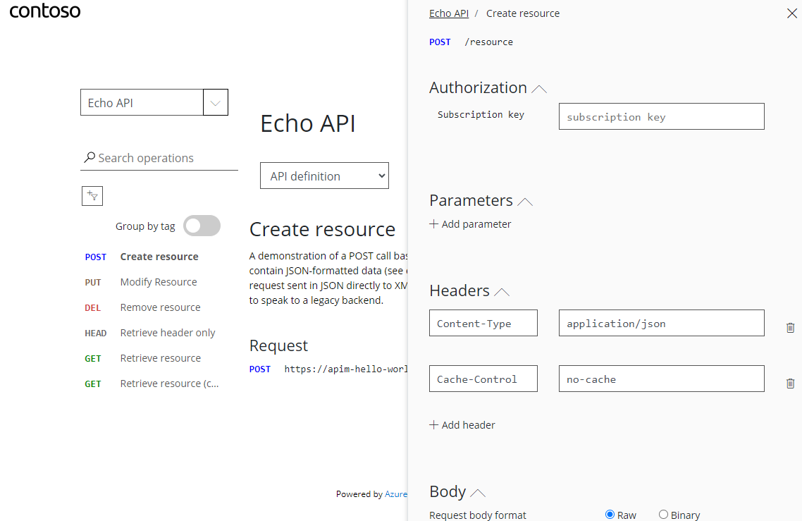 API Management 開発者ポータルのテスト コンソールのスクリーンショット。