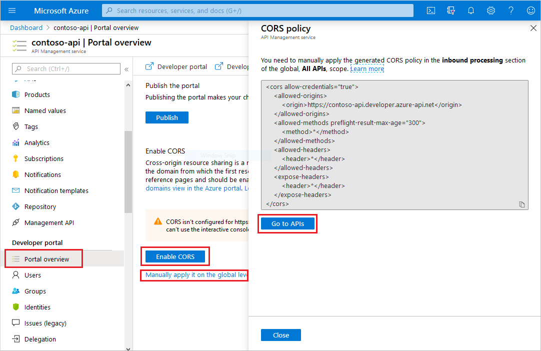 開発者ポータルで CORS ポリシーの状態を確認する場所を示すスクリーンショット。