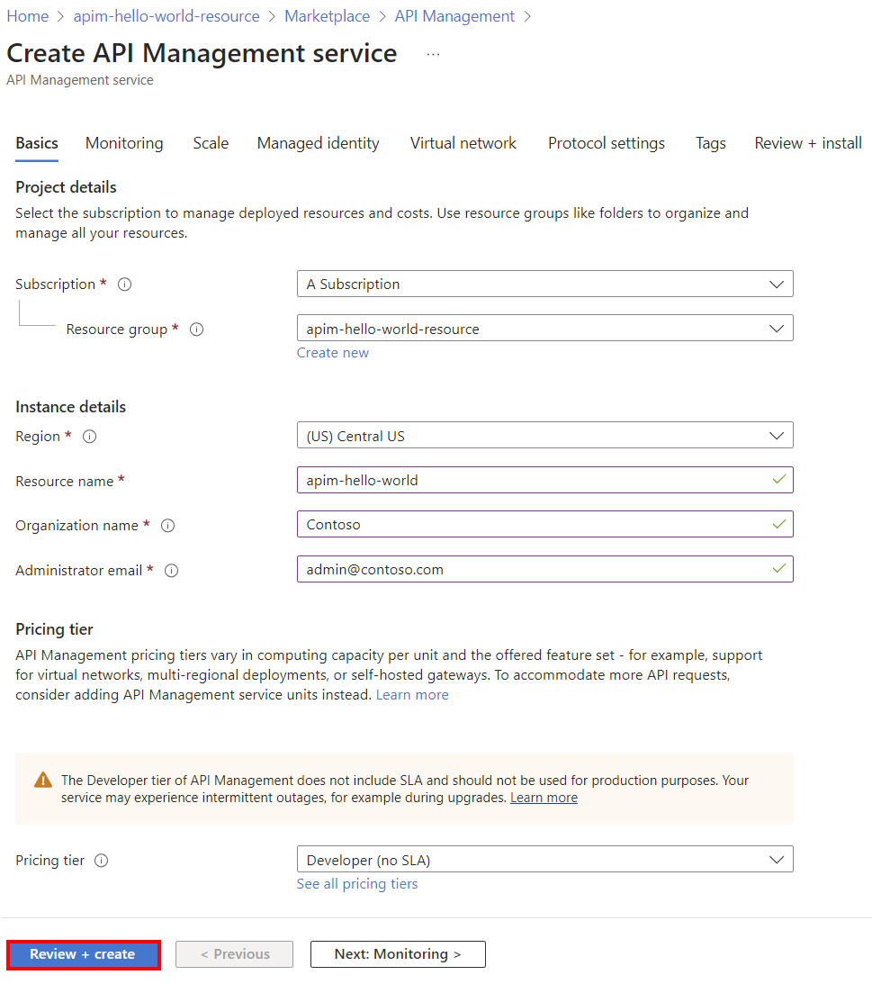 API Management インスタンスを作成します。