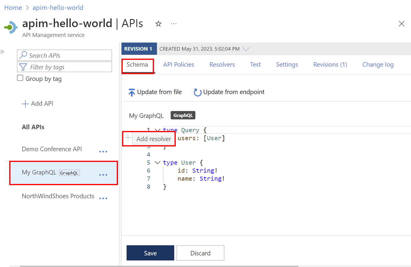 ポータルでの GraphQL リゾルバーの追加のスクリーンショット。